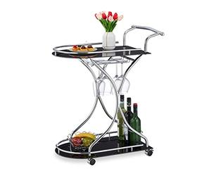 Relaxdays Carrito Cocina, Ruedas, Camarera 2 Baldas, Botellero, Soporte Copas, Vidrio, Metal, 88x76x49cm, Negro/Plateado