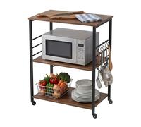 Relaxdays Carrito de Cocina, 3 baldas, 6 Ganchos en S, marrón/Negro | 89 x 60 x 40 cm, MDF y acero, estilo industrial
