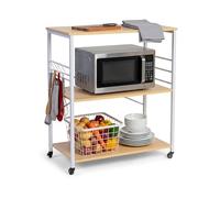 Relaxdays Carrito de Cocina, 3 estantes, 6 Ganchos en S, 89 x 80 x 40 cm, MDF y Acero, Natural/Blanco