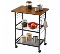 Relaxdays Carrito de Cocina, 88 x 52 x 39 cm, 3 estantes, Negro/marrón | 6 ganchos, MDF, metal, con ruedas