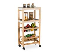 Relaxdays Carrito de Cocina, 4 Niveles, Carro Camarera Estrecho, 83 x 22 x 40 cm, Bambú, con Ruedas, Natural y Blanco, Tablero de Fibras