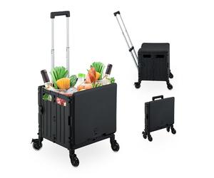 Relaxdays Carrito de Compra Plegable, Carro con Ruedas Giratorias, para 35 kg, Caja con Mango Telescópico y Tapa, Negro