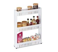 Relaxdays Carrito de Nichos, Estantería con Ruedas y 3 Baldas, Mueble Espacios Pequeños para Baño y Cocina, 71x12,5x54 cm, Plástico, Blanco, Hierro
