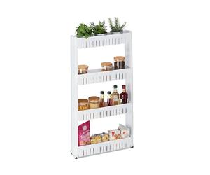 Relaxdays Carrito de Nichos, Estantería con Ruedas y 4 Baldas, Blanco | Mueble Espacios Pequeños para Baño y Cocina, 101x12,5x54 cm, Plástico