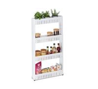 Relaxdays Carrito de Nichos, Estantería con Ruedas y 4 Baldas, Mueble Espacios Pequeños para Baño y Cocina, 101x12,5x54 cm, Plástico, Blanco