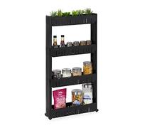 Relaxdays Carrito de Nichos, Estantería con Ruedas y 4 Baldas, Mueble Espacios Pequeños para Baño y Cocina, 101x12,5x54 cm, Plástico, Negro