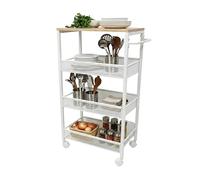 Relaxdays Carrito nicho 77x22x45 cm, estantería Estrecha 4 Niveles para baño y Cocina, Metal con Ruedas, Natural/Blanco