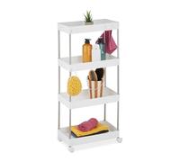 Relaxdays Carro Auxiliar Estrecho XL, 4 Niveles, Ruedas, Cocina, Baño, 88x41,5x23,5 cm, Plástico, Acero INOX., Blanco