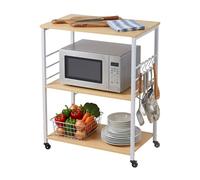 Relaxdays Carro de Cocina, 3 estantes, 6 Ganchos en S, Natural/Blanco | 89 x 60 x 40 cm, MDF y acero