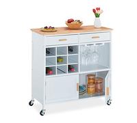 Relaxdays Carro de Cocina Blanco XXL Deluxe Carrito Auxiliar con Botellero, 88,5 x 86 x 41 cm, Encimera, Colgador de Copas de Vino, con Ruedas, Tablero de Fibras