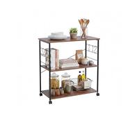 Relaxdays Carro de Cocina/Servicio, 3 estantes, 6 Ganchos en S, (87 x 80 x 40) cm, MDF y Hierro, marrón/Negro