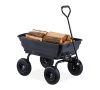 Relaxdays Carro de Jardín con Cubeta Basculante, Negro | Carrito de Mano 4 Ruedas Neumáticas 3,50-4, hasta 250 kg
