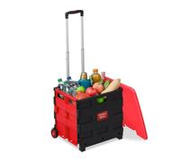 Relaxdays Carro de la Compra Plegable, Carrito de Transporte con Ruedas y Tapa, Asa Telescópica, hasta 35 kg, Rojo/Negro, 99 x 45,5 x 37,5 cm