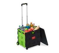 Relaxdays Carro de la Compra, Plegable, hasta 35 kg, 50 l, con asa telescópica, 2 Ruedas, Verde/Negro, plástico, Aluminio, 99 x 45,5 x 37,5 cm