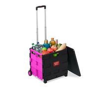 Relaxdays Carro de la Compra Plegable, para hasta 35 kg, Caja de 50 litros, Asa Telescópica, Carrito de Transporte, 2 Ruedas, Rosa y Negro, 99 x 45,5 x 37,5 cm