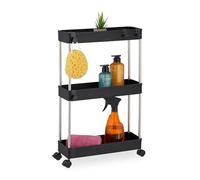 Relaxdays Carro de nicho Carrito Auxiliar Estrecho 3 Niveles, Mueble Extraíble con Ruedas para Cocina y Baño, 62x41,5x14,5 cm, Negro, Acero Inoxidable