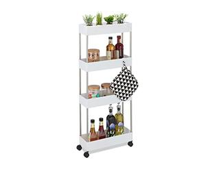 Relaxdays Carro de nicho con 4 Niveles Estantería con Ruedas, Plástico, 98 x 15,5 x 40,5 cm, Carrito Estrecho para Baño y Cocina, 4 Ganchos, Blanco, Acero Inoxidable