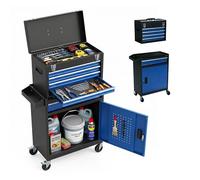 Relaxdays Carro de Taller, 5 cajones y Caja Superior, con Cerradura, 104x59,5x28 cm, Acero, Negro-Azul