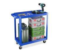 Relaxdays Carro Herramientas, Carrito Taller 2 Estantes, Ruedas, Camarera Metálica, hasta 100 kg, 76 x 78 x 35cm, Azul, Hierro, Acero, Caucho
