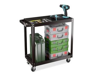 Relaxdays Carro Herramientas, Carrito Taller 2 Estantes, Ruedas, Camarera Metálica, hasta 100 kg, 76 x 78 x 35cm, Negro