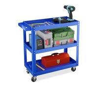Relaxdays Carro Herramientas, Carrito Taller 3 Baldas, con Ruedas, Camarera Metálica, hasta 100kg, 76 x 78 x 35 cm, Azul, Caucho, Hierro, Acero