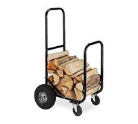 Relaxdays Carro Leña con 4 Ruedas, Leñero Acero, Portaleños para hasta 60kg, para Transportar y Almacenar Leños, Negro, 107,5 x 52 x 58 cm