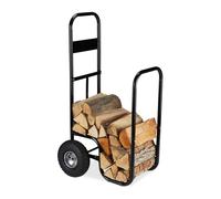 Relaxdays Carro Leña con Ruedas, Carrito Leñero, Portaleños Acero, hasta 60kg, para Transportar y Almacenar Leños, Negro, Madera, 108,5 x 52 x 59 cm