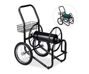 Relaxdays Carro para Manguera de regar, Carrete portátil para Jardín, con 2 Ruedas, hasta 90 m, Metal, 1 Ud., Negro