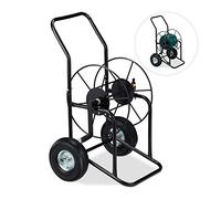 Relaxdays Carro para Manguera de riego, Soporte portátil, Conector de 1/2" & 3/4", hasta 80m, Metal, 1 Ud., Negro