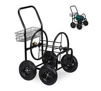 Relaxdays Carro Portamangueras, hasta 75 m, 4 Neumáticos, Acoplamiento por Clic, Cesta, Soporte Mangueras Metal, Negro