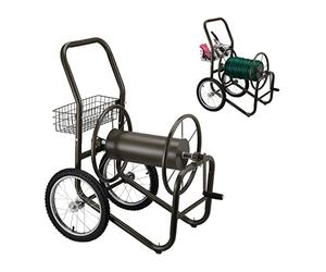 Relaxdays Carro Portamangueras, hasta 90 m, Acoplamiento por Clic, 2 Neumáticos, Cesta, Soporte Mangueras Metal, Marrón