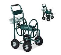 Relaxdays Carro Portamangueras, hasta 90 m, Acoplamiento por Clic, 4 Neumáticos, Cesta, Soporte Mangueras Metal, Verde