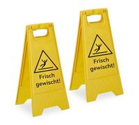 Relaxdays cartel plegable 'Frisch Gewischt' 2 uds., doble cara, plástico, aviso suelo resbaladizo, amarillo