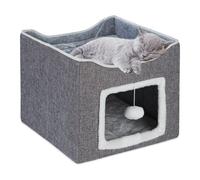 Relaxdays Casa Gato Plegable con Rascador, Cueva Gatito con Pelota Colgante, 2 Cojines Mullidos, 32 x 40 x 40 cm, Gris, Tablero de Fibras