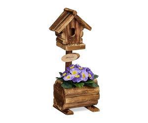 Relaxdays Casa de Pájaros Decorativa con Maceta, Adorno Pajarera Cartel Welcome, Madera Abeto, 41x15x15cm, Natural