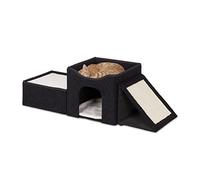 Relaxdays Casa Gato con Rampa y Rascador, Cueva Gatito 3 Superficies Descanso, 36,5x112x41 cm, para Interiores, Negro, Poliéster