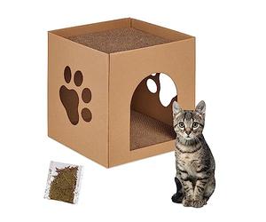 Relaxdays Casa Gato con Rascador, Cueva Gatito Superficie Rascado para Montar, Hierba Gatera, 30x30x30,5 cm, Marrón