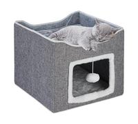 Relaxdays Casa Gato Plegable con Rascador, Cueva Gatito con Pelota Colgante, 2 Cojines Mullidos, 32 x 40 x 40 cm, Gris, Tablero de Fibras
