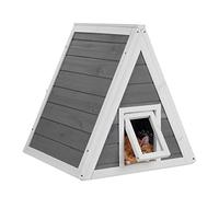 Relaxdays Casa Gatos, Casita Mascotas Madera, para Exterior, 54 x 52 x 64 cm, 2 Entradas, Techo Puntiagudo, Gris/Blanco