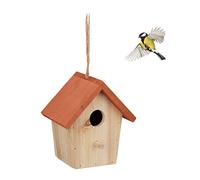 Relaxdays Casa Pájaros Decorativa Colgante, Pajarera Madera, 16x15x11 cm, Decoración Jardín, Balcón, Natural y Naranja, 16 x 15 x 11 cm Aprox
