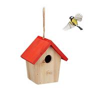 Relaxdays Casa Pájaros Decorativa Madera, Pajarera Colgante, Decoración Jardín, Balcón, Natural y Rojo, 16 x 15 x 11 cm Aprox