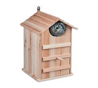 Relaxdays Casa Pájaros para Mochuelos, Madera de Abeto, Agujero de Entrada 9,5x9,5cm, Pared Abatible, Colgante, Natural, Hierro, 38,5 x 25 x 28 cm