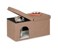 Relaxdays Casa Gato Rectangular 2en1, Cueva Gatito con Banco, Escondite Mascota Plegable, 38,5x74,5x37 cm, Marrón Claro