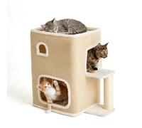Relaxdays casita para Gatos, 2 Niveles, Cueva, Pelota y rascador, (Al x An x P) 58 x 57,5 x 35 cm, Interior, Tela, Beige