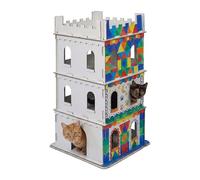 Relaxdays Castillo de gatos, 3 pisos, cerradura para gatos, casa de cartón para pintar, sistema de ranuras, altura 107,5 x 62 x 62 cm, cartón, blanco