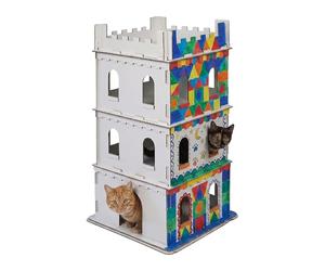 Relaxdays Castillo de gatos, 3 pisos, cerradura para gatos, casa de cartón para pintar, sistema de ranuras, altura 107,5 x 62 x 62 cm, cartón, blanco