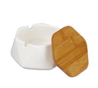 Relaxdays Cenicero con Tapa, Cerámica y Bambú, Interior y Exterior, Hexagonal, 6 x 10,5 x 10,5 cm, Blanco y Natural