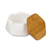 Relaxdays Cenicero con Tapa, Cerámica y Bambú, Interior y Exterior, Hexagonal, 6 x 10,5 x 10,5 cm, Blanco y Natural