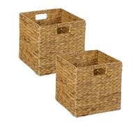Relaxdays Cesta Almacenaje, Set de 2, Jacinto de Agua, Ropa, Juguetes, 30x30x30 cm, Cestita Trenzada Estantería, Natural, Fibra Vegetal, Hierro