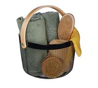 Relaxdays Cesta de Almacenaje Acero con Asa, Redonda, Caja Organizadora de Metal y Madera, Cocina, Baño, Salón, Negro